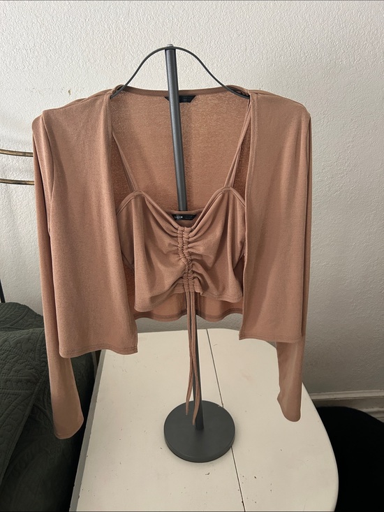 SHEIN Tops - SHEIN Ruched Crop Camisole and Lightweight Cardigan Set - Brown